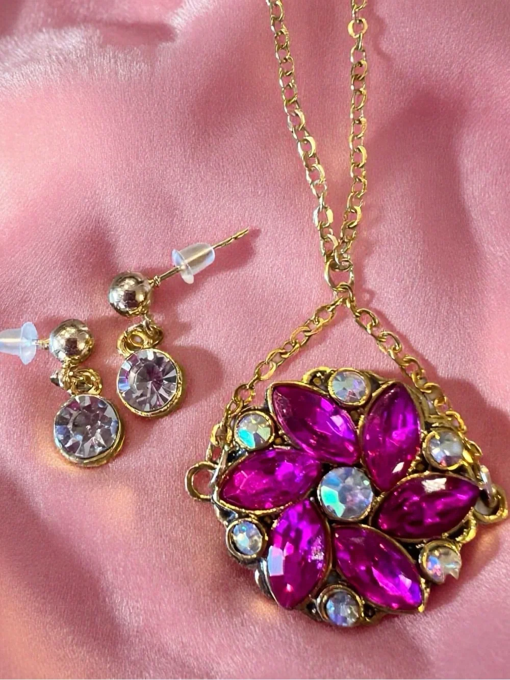 Gold-Tone Fuchsia Crystal Flower Pendant Necklace and Earring Set